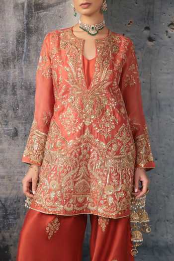 Label Niti Bothra Coral Silk, Organza, Tencel Mandarin Collar, Embroidered Kurta And Salwar Set at Aza Fashions Label Niti Bothra_Coral Silk, Organza, Tencel Mandarin Collar, Embroidered Kurta And Salwar Set _at_Aza_Fashions