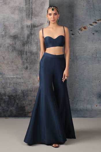 Label Niti Bothra_Blue Silk, Organza, Tencel Open Neck, Embroidered Longline Jacket Palazzo Set _Online_at_Aza_Fashions