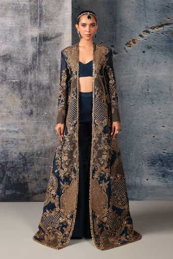 Buy_Label Niti Bothra_Blue Silk, Organza, Tencel Open Neck, Embroidered Longline Jacket Palazzo Set _Online_at_Aza_Fashions