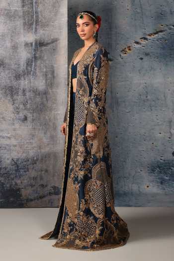 Shop_Label Niti Bothra_Blue Silk, Organza, Tencel Open Neck, Embroidered Longline Jacket Palazzo Set _Online_at_Aza_Fashions