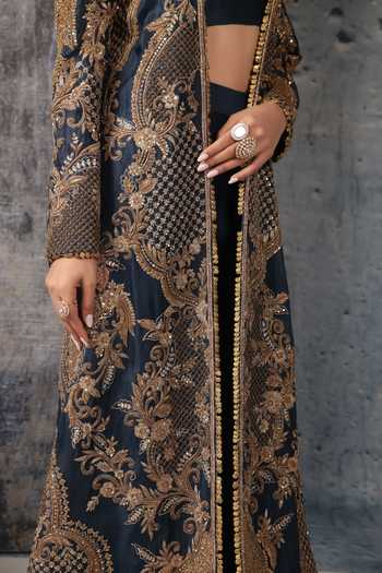 Label Niti Bothra_Blue Silk, Organza, Tencel Open Neck, Embroidered Longline Jacket Palazzo Set _at_Aza_Fashions