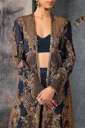 Buy_Label Niti Bothra_Blue Silk, Organza, Tencel Open Neck, Embroidered Longline Jacket Palazzo Set 