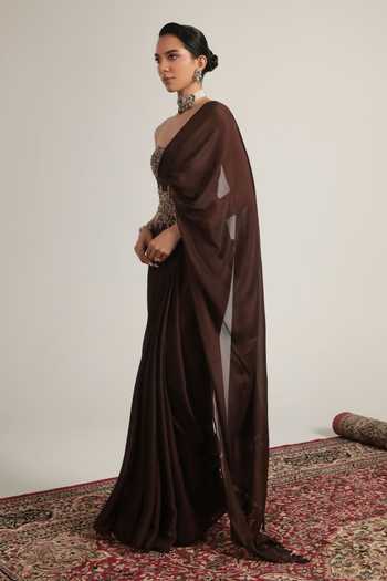 Label Niti Bothra Brown Crepe Pearls, Stones Bandeau Neck Embroidered Corset With Saree Online at Aza Fashions Label Niti Bothra_Brown Crepe Pearls, Stones Bandeau Neck Embroidered Corset With Saree _Online_at_Aza_Fashions