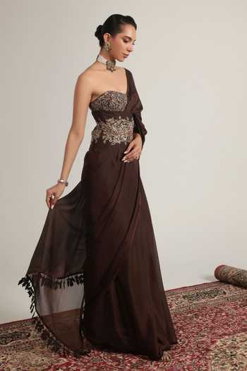 Buy Label Niti Bothra Brown Crepe Pearls, Stones Bandeau Neck Embroidered Corset With Saree Online at Aza Fashions Buy_Label Niti Bothra_Brown Crepe Pearls, Stones Bandeau Neck Embroidered Corset With Saree _Online_at_Aza_Fashions