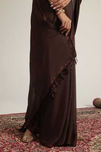 Shop Label Niti Bothra Brown Crepe Pearls, Stones Bandeau Neck Embroidered Corset With Saree Online at Aza Fashions Shop_Label Niti Bothra_Brown Crepe Pearls, Stones Bandeau Neck Embroidered Corset With Saree _Online_at_Aza_Fashions