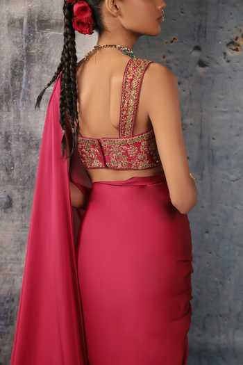 Label Niti Bothra Maroon Silk, Satin, Bemberg Sweetheart Neck Fringe Saree With Embroidered Blouse Online at Aza Fashions Label Niti Bothra_Maroon Silk, Satin, Bemberg Sweetheart Neck Fringe Saree With Embroidered Blouse _Online_at_Aza_Fashions