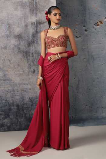 Buy Label Niti Bothra Maroon Silk, Satin, Bemberg Sweetheart Neck Fringe Saree With Embroidered Blouse Online at Aza Fashions Buy_Label Niti Bothra_Maroon Silk, Satin, Bemberg Sweetheart Neck Fringe Saree With Embroidered Blouse _Online_at_Aza_Fashions