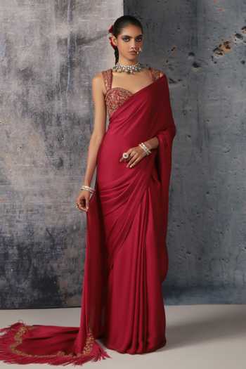 Shop Label Niti Bothra Maroon Silk, Satin, Bemberg Sweetheart Neck Fringe Saree With Embroidered Blouse Online at Aza Fashions Shop_Label Niti Bothra_Maroon Silk, Satin, Bemberg Sweetheart Neck Fringe Saree With Embroidered Blouse _Online_at_Aza_Fashions