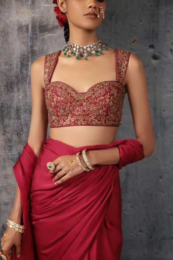 Label Niti Bothra Maroon Silk, Satin, Bemberg Sweetheart Neck Fringe Saree With Embroidered Blouse at Aza Fashions Label Niti Bothra_Maroon Silk, Satin, Bemberg Sweetheart Neck Fringe Saree With Embroidered Blouse _at_Aza_Fashions
