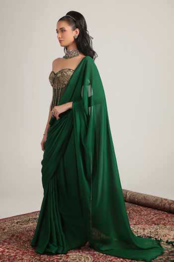 Label Niti Bothra_Green Crepe, Net Zari Sweetheart Neck Zardozi Embroidered Corset With Saree _Online_at_Aza_Fashions