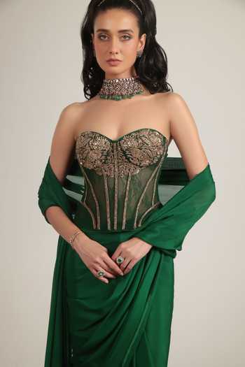 Buy_Label Niti Bothra_Green Crepe, Net Zari Sweetheart Neck Zardozi Embroidered Corset With Saree _Online_at_Aza_Fashions