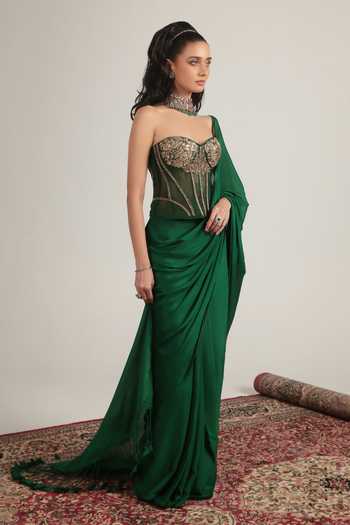 Shop_Label Niti Bothra_Green Crepe, Net Zari Sweetheart Neck Zardozi Embroidered Corset With Saree _Online_at_Aza_Fashions