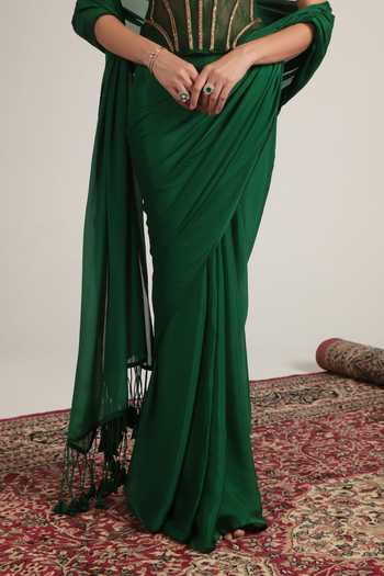 Label Niti Bothra_Green Crepe, Net Zari Sweetheart Neck Zardozi Embroidered Corset With Saree _at_Aza_Fashions