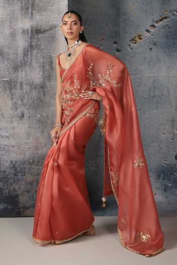 Label Niti Bothra Orange Organza, Net Square Neck Zardozi Embroidered Saree With Blouse Online at Aza Fashions Label Niti Bothra_Orange Organza, Net Square Neck Zardozi Embroidered Saree With Blouse _Online_at_Aza_Fashions