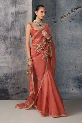 Buy Label Niti Bothra Orange Organza, Net Square Neck Zardozi Embroidered Saree With Blouse Online at Aza Fashions Buy_Label Niti Bothra_Orange Organza, Net Square Neck Zardozi Embroidered Saree With Blouse _Online_at_Aza_Fashions