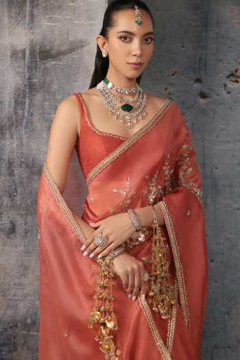 Shop Label Niti Bothra Orange Organza, Net Square Neck Zardozi Embroidered Saree With Blouse Online at Aza Fashions Shop_Label Niti Bothra_Orange Organza, Net Square Neck Zardozi Embroidered Saree With Blouse _Online_at_Aza_Fashions