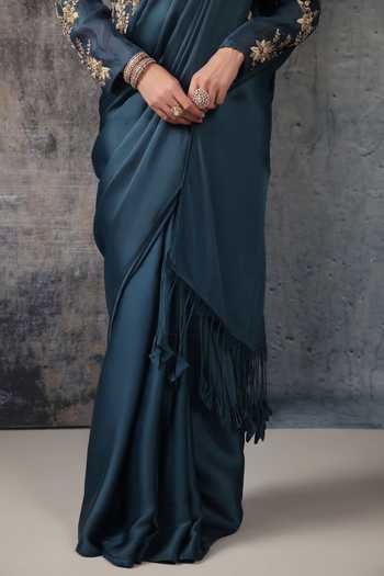 Label Niti Bothra Blue Organza, Satin, Bemberg V-neck Plain Saree With Embroidered Jacket Online at Aza Fashions Label Niti Bothra_Blue Organza, Satin, Bemberg V-neck Plain Saree With Embroidered Jacket _Online_at_Aza_Fashions