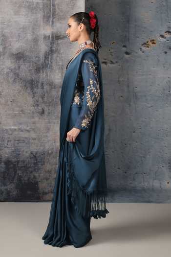 Buy Label Niti Bothra Blue Organza, Satin, Bemberg V-neck Plain Saree With Embroidered Jacket Online at Aza Fashions Buy_Label Niti Bothra_Blue Organza, Satin, Bemberg V-neck Plain Saree With Embroidered Jacket _Online_at_Aza_Fashions