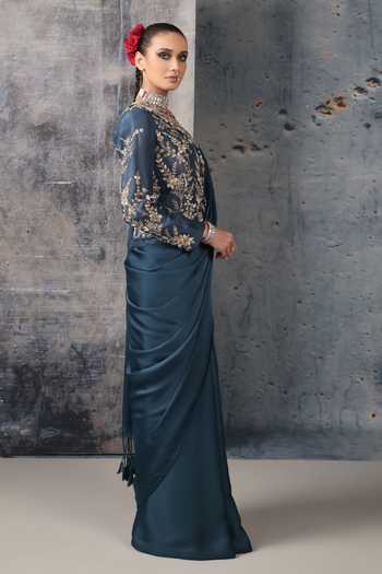 Shop Label Niti Bothra Blue Organza, Satin, Bemberg V-neck Plain Saree With Embroidered Jacket Online at Aza Fashions Shop_Label Niti Bothra_Blue Organza, Satin, Bemberg V-neck Plain Saree With Embroidered Jacket _Online_at_Aza_Fashions