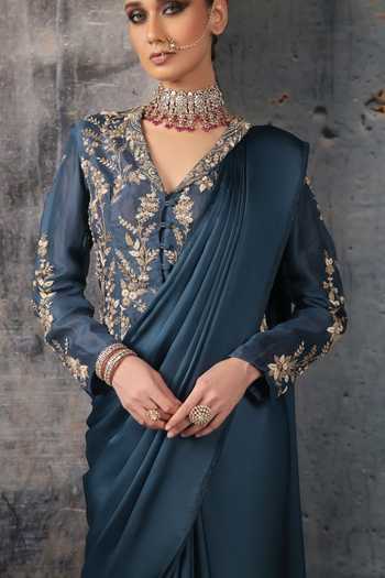 Label Niti Bothra Blue Organza, Satin, Bemberg V-neck Plain Saree With Embroidered Jacket at Aza Fashions Label Niti Bothra_Blue Organza, Satin, Bemberg V-neck Plain Saree With Embroidered Jacket _at_Aza_Fashions
