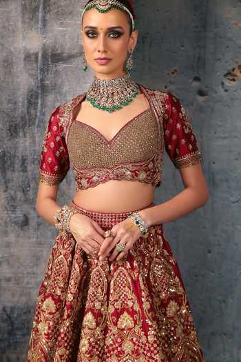 Label Niti Bothra Maroon Silk, Organza Sweetheart Neck Floral Jaal Embroidered Bridal Lehenga Set Online at Aza Fashions Label Niti Bothra_Maroon Silk, Organza Sweetheart Neck Floral Jaal Embroidered Bridal Lehenga Set _Online_at_Aza_Fashions
