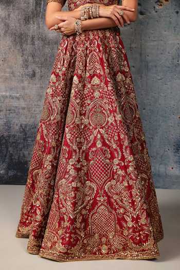 Label Niti Bothra Maroon Silk, Organza Sweetheart Neck Floral Jaal Embroidered Bridal Lehenga Set at Aza Fashions Label Niti Bothra_Maroon Silk, Organza Sweetheart Neck Floral Jaal Embroidered Bridal Lehenga Set _at_Aza_Fashions