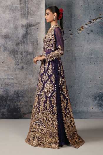 Label Niti Bothra Purple Silk, Net Zari, Zardozi V-neck Embroidered Jacket And Lehenga Set Online at Aza Fashions Label Niti Bothra_Purple Silk, Net Zari, Zardozi V-neck Embroidered Jacket And Lehenga Set _Online_at_Aza_Fashions