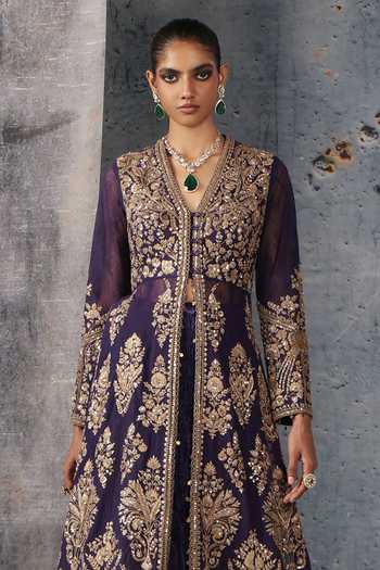 Buy Label Niti Bothra Purple Silk, Net Zari, Zardozi V-neck Embroidered Jacket And Lehenga Set Online at Aza Fashions Buy_Label Niti Bothra_Purple Silk, Net Zari, Zardozi V-neck Embroidered Jacket And Lehenga Set _Online_at_Aza_Fashions