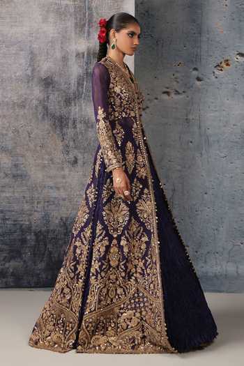 Shop Label Niti Bothra Purple Silk, Net Zari, Zardozi V-neck Embroidered Jacket And Lehenga Set Online at Aza Fashions Shop_Label Niti Bothra_Purple Silk, Net Zari, Zardozi V-neck Embroidered Jacket And Lehenga Set _Online_at_Aza_Fashions
