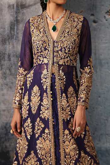 Label Niti Bothra Purple Silk, Net Zari, Zardozi V-neck Embroidered Jacket And Lehenga Set at Aza Fashions Label Niti Bothra_Purple Silk, Net Zari, Zardozi V-neck Embroidered Jacket And Lehenga Set _at_Aza_Fashions