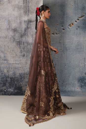 Label Niti Bothra Brown Organza Embroidery, Sequins, Zari Sweetheart Neck Corset Lehenga Set Online at Aza Fashions Label Niti Bothra_Brown Organza Embroidery, Sequins, Zari Sweetheart Neck Corset Lehenga Set _Online_at_Aza_Fashions