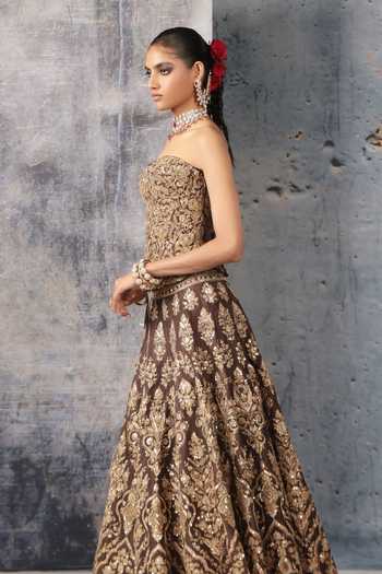 Shop Label Niti Bothra Brown Organza Embroidery, Sequins, Zari Sweetheart Neck Corset Lehenga Set Online at Aza Fashions Shop_Label Niti Bothra_Brown Organza Embroidery, Sequins, Zari Sweetheart Neck Corset Lehenga Set _Online_at_Aza_Fashions