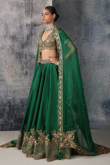 Label Niti Bothra Green Silk, Organza Sequins, Zari, Tassels Scoop Zardozi Embroidered Lehenga Set Online at Aza Fashions Label Niti Bothra_Green Silk, Organza Sequins, Zari, Tassels Scoop Zardozi Embroidered Lehenga Set _Online_at_Aza_Fashions