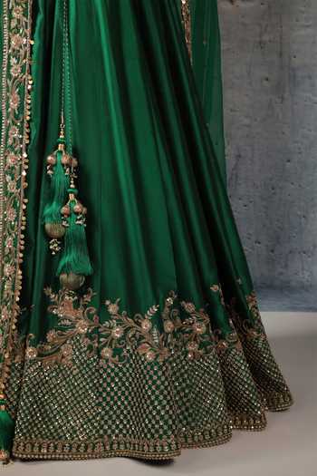 Shop Label Niti Bothra Green Silk, Organza Sequins, Zari, Tassels Scoop Zardozi Embroidered Lehenga Set Online at Aza Fashions Shop_Label Niti Bothra_Green Silk, Organza Sequins, Zari, Tassels Scoop Zardozi Embroidered Lehenga Set _Online_at_Aza_Fashions