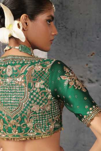 Label Niti Bothra Green Silk, Organza Sequins, Zari, Tassels Scoop Zardozi Embroidered Lehenga Set at Aza Fashions Label Niti Bothra_Green Silk, Organza Sequins, Zari, Tassels Scoop Zardozi Embroidered Lehenga Set _at_Aza_Fashions