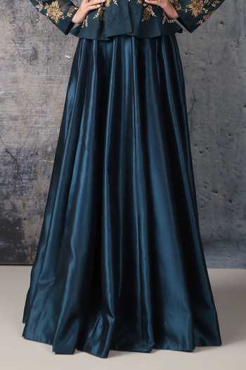 Label Niti Bothra Blue Silk, Net V-neck Zeh Embroidered Peplum Top And Lehenga Set Online at Aza Fashions Label Niti Bothra_Blue Silk, Net V-neck Zeh Embroidered Peplum Top And Lehenga Set _Online_at_Aza_Fashions