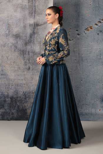 Buy Label Niti Bothra Blue Silk, Net V-neck Zeh Embroidered Peplum Top And Lehenga Set Online at Aza Fashions Buy_Label Niti Bothra_Blue Silk, Net V-neck Zeh Embroidered Peplum Top And Lehenga Set _Online_at_Aza_Fashions