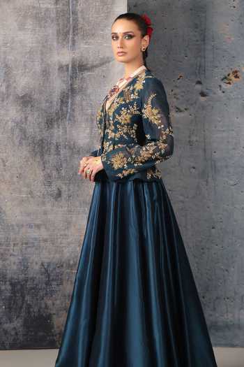 Shop Label Niti Bothra Blue Silk, Net V-neck Zeh Embroidered Peplum Top And Lehenga Set Online at Aza Fashions Shop_Label Niti Bothra_Blue Silk, Net V-neck Zeh Embroidered Peplum Top And Lehenga Set _Online_at_Aza_Fashions