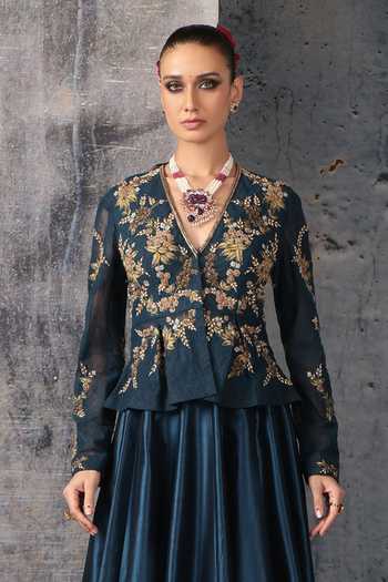 Label Niti Bothra Blue Silk, Net V-neck Zeh Embroidered Peplum Top And Lehenga Set at Aza Fashions Label Niti Bothra_Blue Silk, Net V-neck Zeh Embroidered Peplum Top And Lehenga Set _at_Aza_Fashions