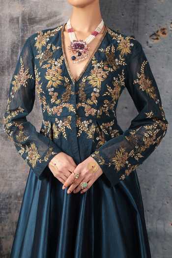 Buy Label Niti Bothra Blue Silk, Net V-neck Zeh Embroidered Peplum Top And Lehenga Set Buy_Label Niti Bothra_Blue Silk, Net V-neck Zeh Embroidered Peplum Top And Lehenga Set