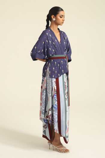 Poonam Dubey_Blue Georgette V-, Shawl Eraya Belted Jacket And Dress Set _Online_at_Aza_Fashions