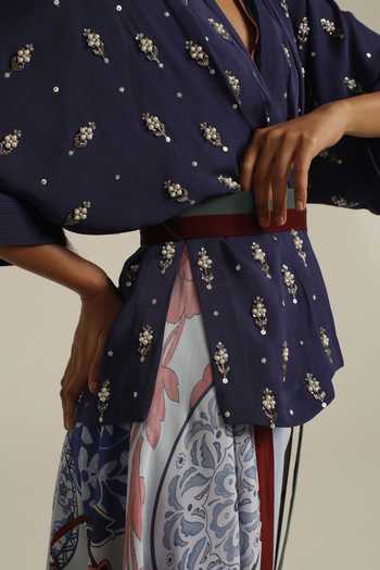 Poonam Dubey_Blue Georgette V-, Shawl Eraya Belted Jacket And Dress Set _at_Aza_Fashions