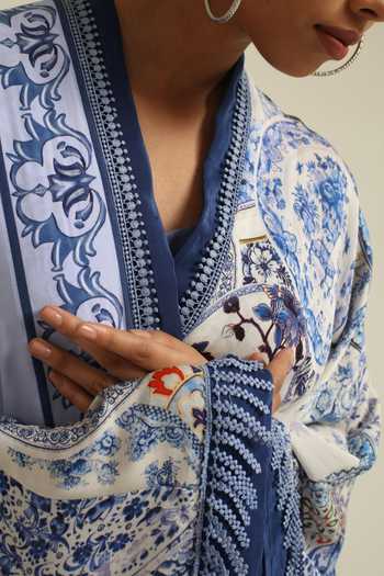 Buy_Poonam Dubey_Blue Georgette V-neck Rasa Belted Kaftan Dress _Online_at_Aza_Fashions
