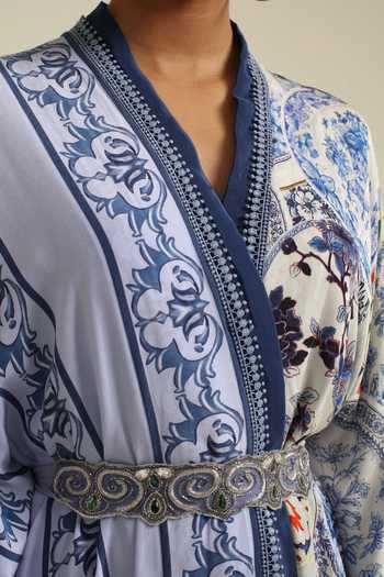 Shop_Poonam Dubey_Blue Georgette V-neck Rasa Belted Kaftan Dress _Online_at_Aza_Fashions