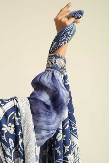 Poonam Dubey_Blue Georgette Shawl Neck Akuti Long Belted Dress _Online_at_Aza_Fashions