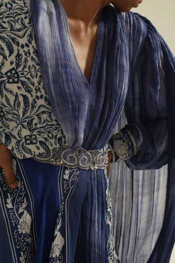 Buy_Poonam Dubey_Blue Georgette Shawl Neck Akuti Long Belted Dress _Online_at_Aza_Fashions