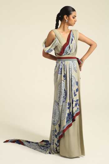 Buy_Poonam Dubey_Green Georgette V-neck Lila Printed Draped Dress _Online_at_Aza_Fashions