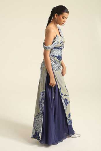 Poonam Dubey_Blue Georgette Asymmetric Neck, One Shoulder Aarna Maxi Dress _Online_at_Aza_Fashions