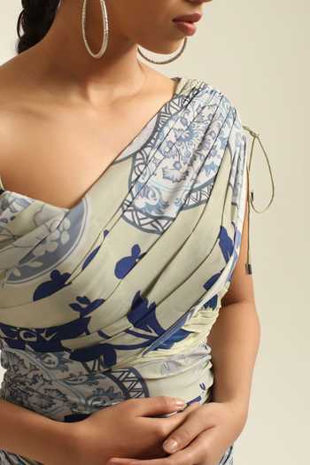 Buy_Poonam Dubey_Blue Georgette Asymmetric Neck, One Shoulder Aarna Maxi Dress _Online_at_Aza_Fashions