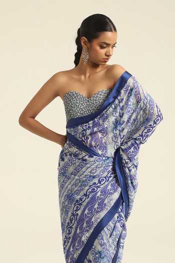 Poonam Dubey_Blue Georgette Sweetheart Neck Ziana Printed Pre-draped Saree With Corset Blouse _Online_at_Aza_Fashions
